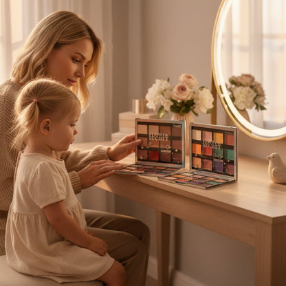 Niña maquillándose frente al espejo con la paleta de sombras Flower Secret