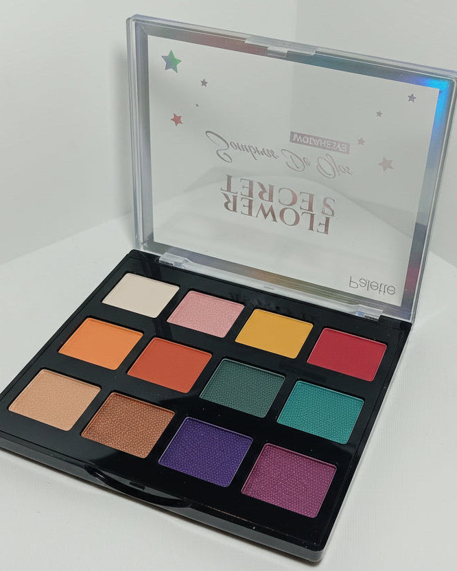 Paleta Colorida Flower Secret: 12 sombras de ojos en tonos vibrantes (rosa, amarillo, rojo, naranja, verde y morado)